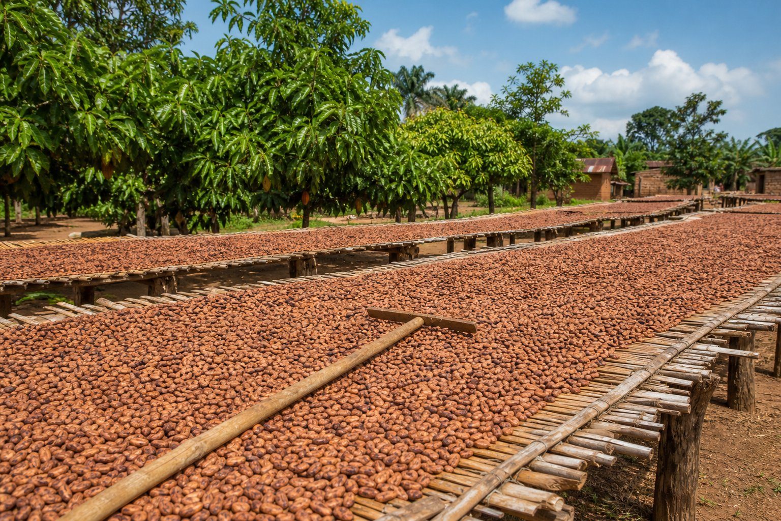 Nigerian cocoa beans sun-drying on raised wooden tables