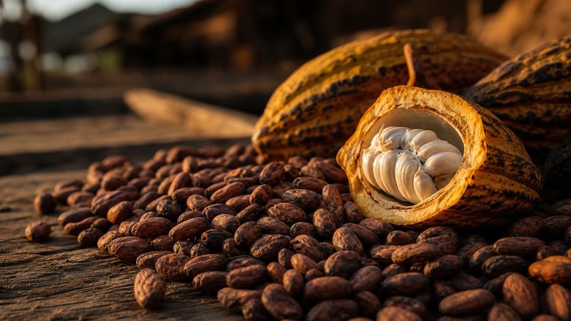Fermented, sun-dried Nigerian cocoa beans beside a freshly opened pod