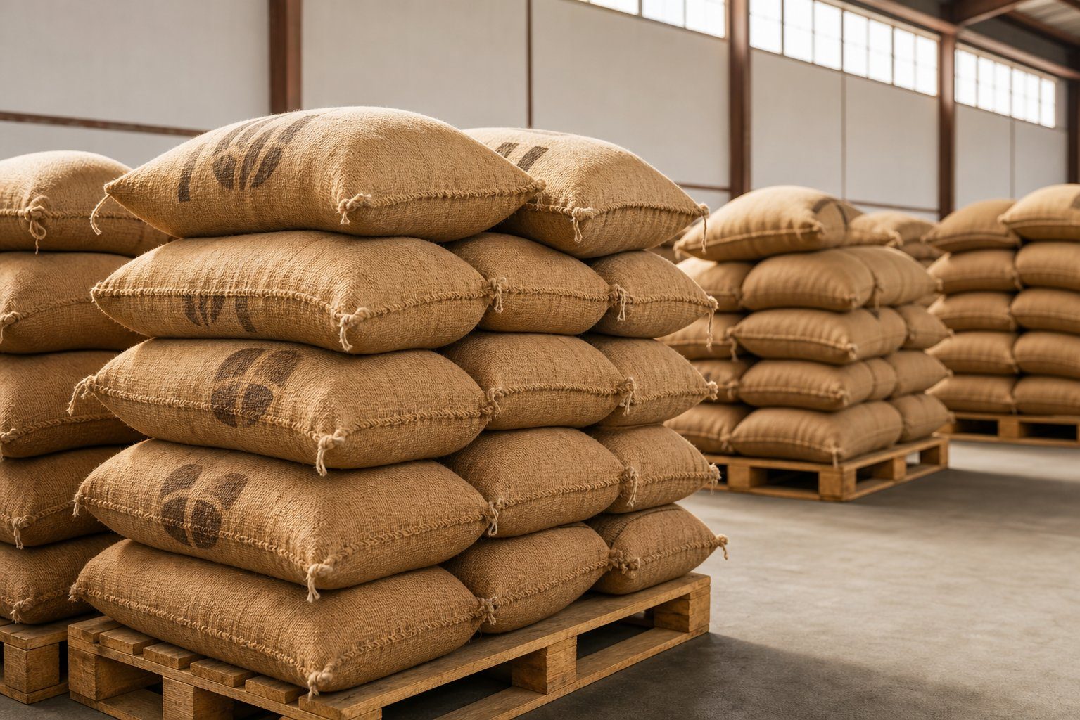 New jute bags of cocoa beans stacked on pallets in an export warehouse