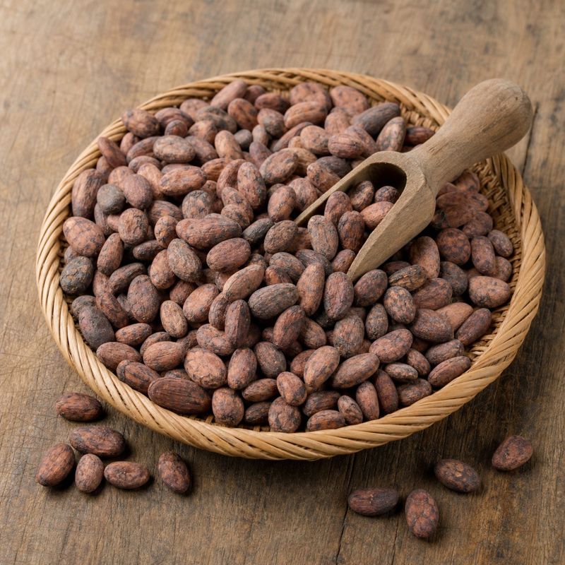 Standard grade dried Nigerian cocoa beans in a woven basket with a wooden scoop